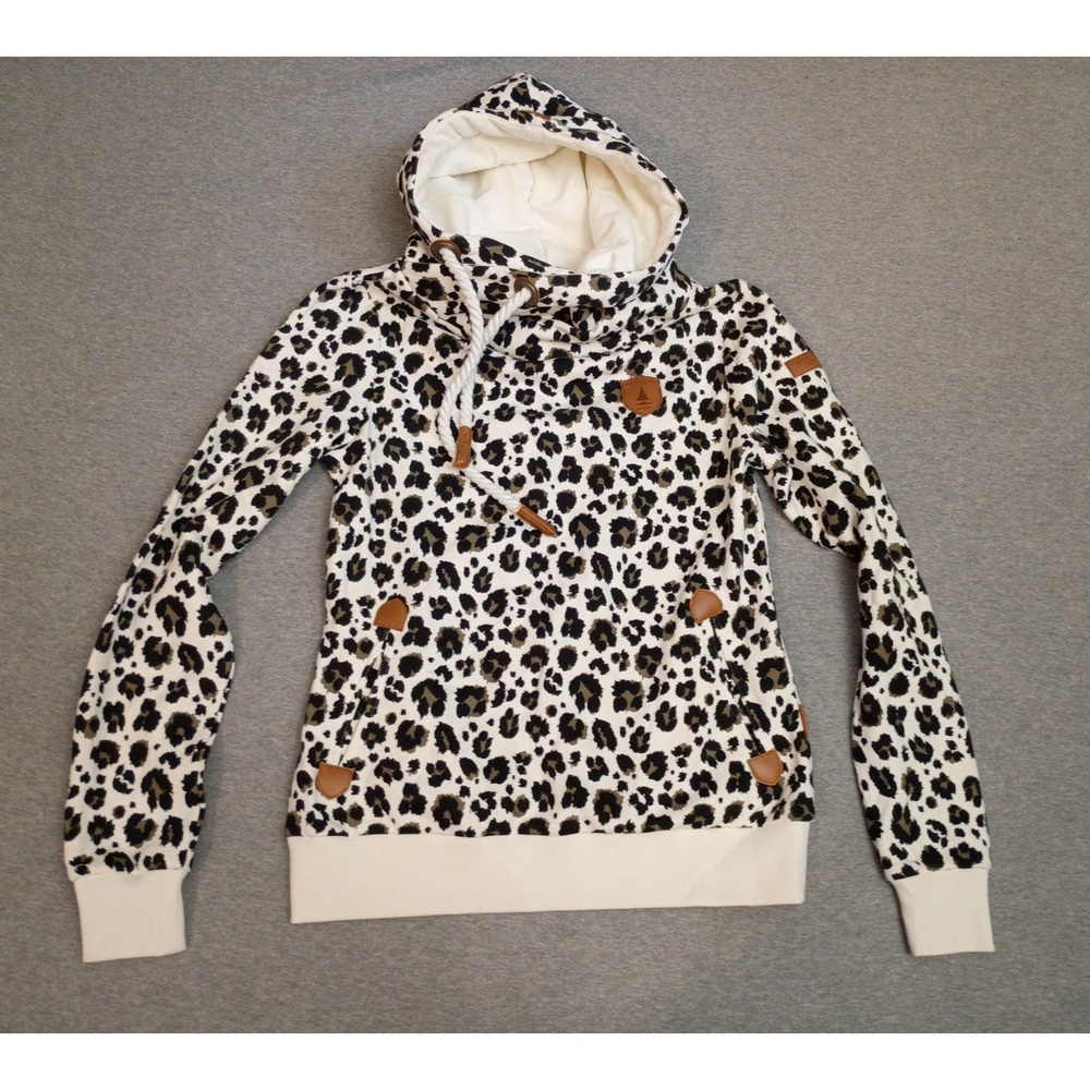 Wanakome Hestia Leopard Print Shawl Neck Hoodie Sweatshirt Small Vegan Leather